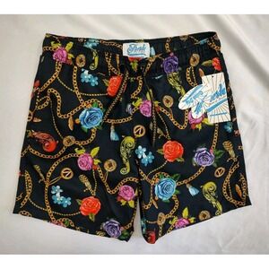NWT Fresh Prints of Bel Air Swim Trunks Swimsuit Short Black 90's Style Print  S